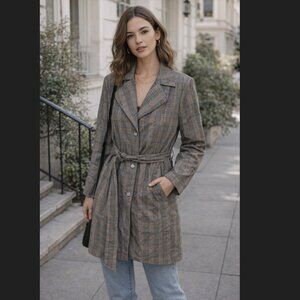 PILCRO Plaid Belted Women’s Trench Jacket - Gray/Taupe